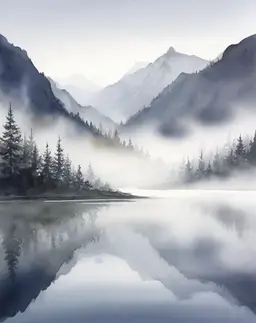 Brume matinale sur un lac de montagne